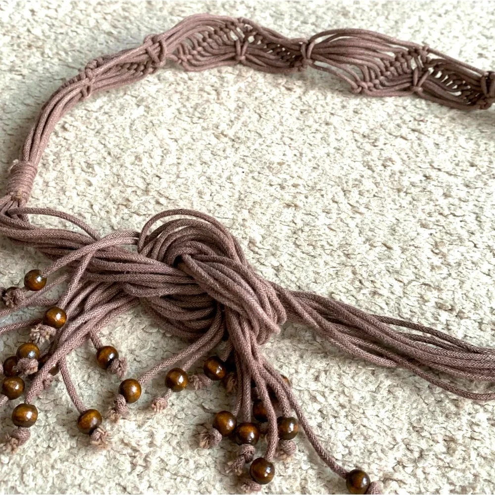 Brown Braided Cord Jeans Belt with Beads